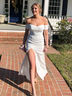 Off Shoulder Mermaid White Long Prom Dresses with High Slit, Mermaid White Formal Dresses Y247