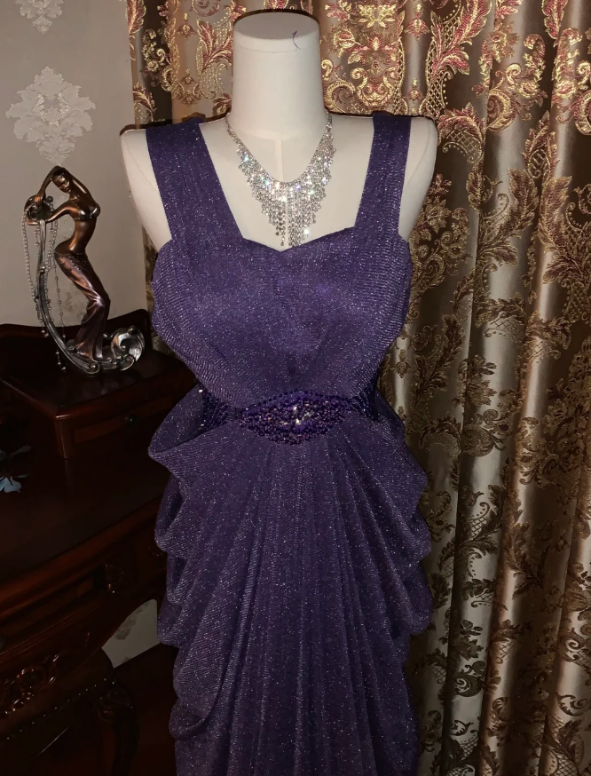 Sparkly Purple Tulle Sequin Beaded Pleated Mermaid Evening Dress Long Birthday Prom Gown