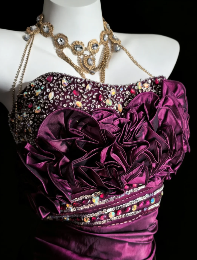 Charming Strapless Purple Satin Pleated Ruffles Mermaid Long Party Dress Evening Dress SP1638