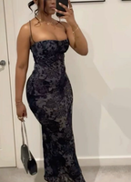 Sexy Spaghetti Straps Black Lace Sheath Long Prom Dress Birthday Party Gown SP580