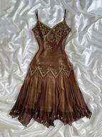 Vintage Spaghetti Straps Brown Skin Beaded Short Party Dress Formal Homecoming Dress Y9933