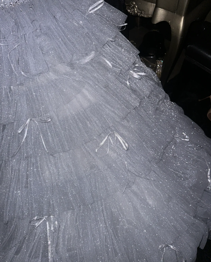 Glitter Strapless Silver Sequin Tulle Layered Mermaid Long Birthday Party Dress Prom Dresses SP1413