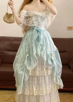 Light Blue Off-the-Shoulder Lace-Trimmed Waist-Cinched Bud Skirt Ball Gown, Bridal Gown R7341