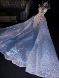 Light blue sleeveless fitted long sexy ball gown, bridal dress R8707