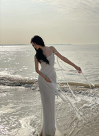 White halter-neck fitted elegant long sexy ball gown R8053