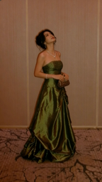 Elegant Olive Green Strapless Satin Sequin Long Birthday Party Dress Evening Gown