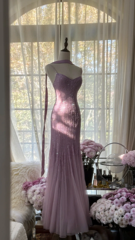 Light purple halter-neck fitted bodycon long ball gown R7725