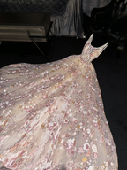 Light apricot halter-neck fitted waist slim-fit long ball gown with a full skirt R8736
