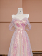 Light pink off-the-shoulder sequined fitted long ball gown, bridal dress R8425