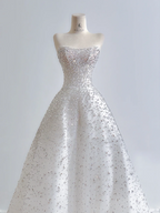White strapless, fitted waist, full skirt, long ball gown R8164