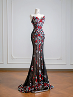 Black 3D floral long ball gown with a fitted waist and hips R8143