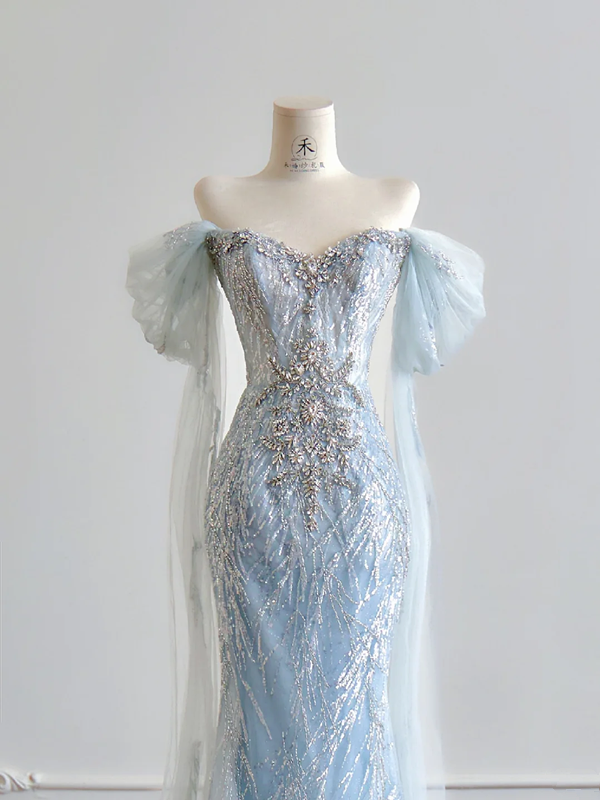 Light blue off-the-shoulder fitted waist bodycon sexy long ball gown R8195