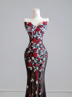 Black 3D floral long ball gown with a fitted waist and hips R8143