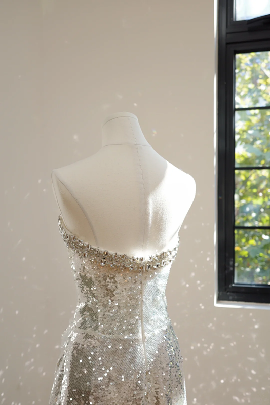 Silver strapless fitted long ball gown, bridal dress R8521