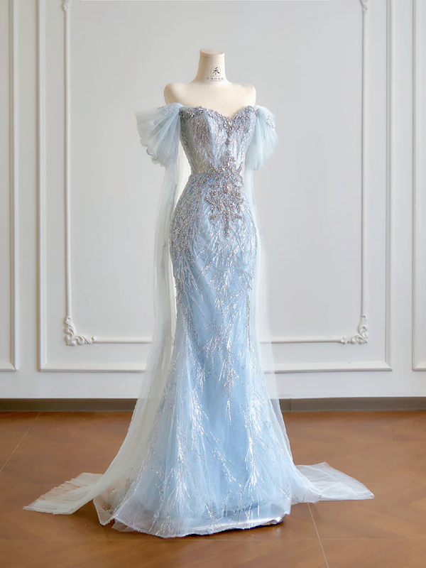 Light blue off-the-shoulder fitted waist bodycon sexy long ball gown R8195
