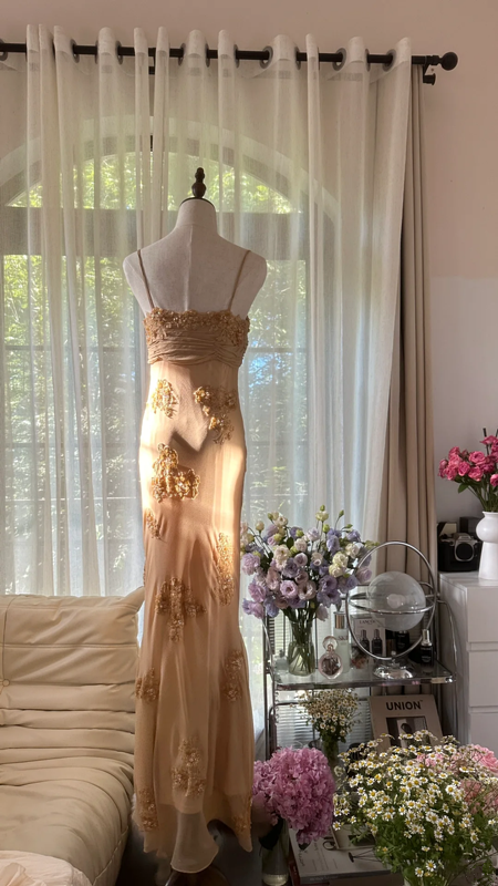 Light brown halter-neck long ball gown R7756