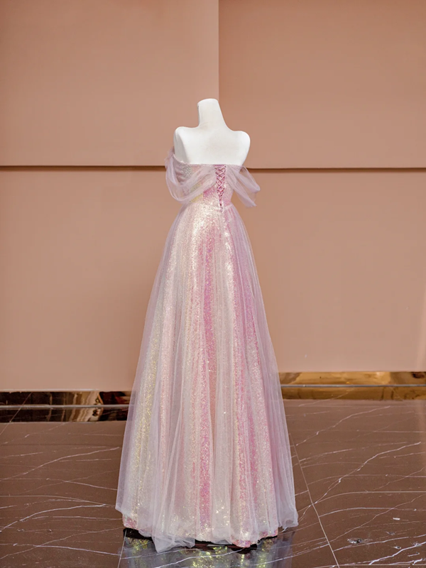 Light pink off-the-shoulder sequined fitted long ball gown, bridal dress R8425