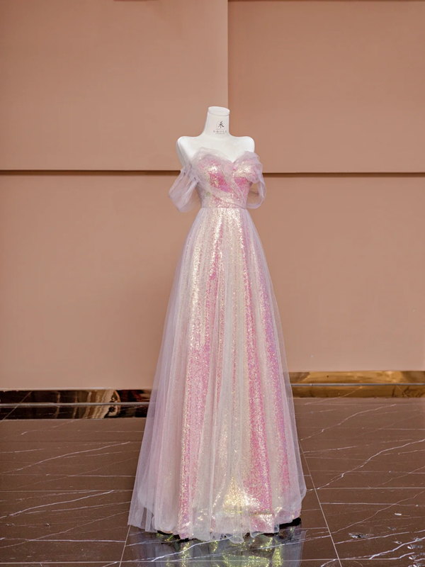 Light pink off-the-shoulder sequined fitted long ball gown, bridal dress R8425