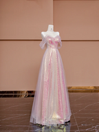 Light pink off-the-shoulder sequined fitted long ball gown, bridal dress R8425