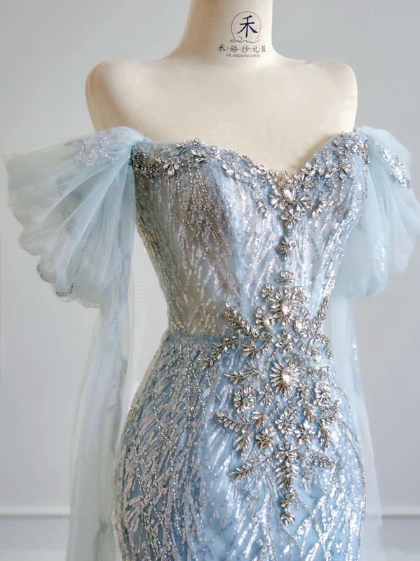 Light blue off-the-shoulder fitted waist bodycon sexy long ball gown R8195