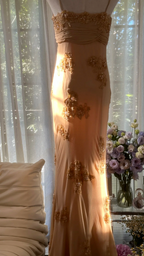 Light brown halter-neck long ball gown R7756