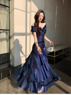 Stylish Navy Blue Off The Shoulder Satin Layered Ruffles Mermaid Long Evening Dress Prom Gown