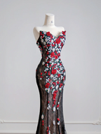 Black 3D floral long ball gown with a fitted waist and hips R8143