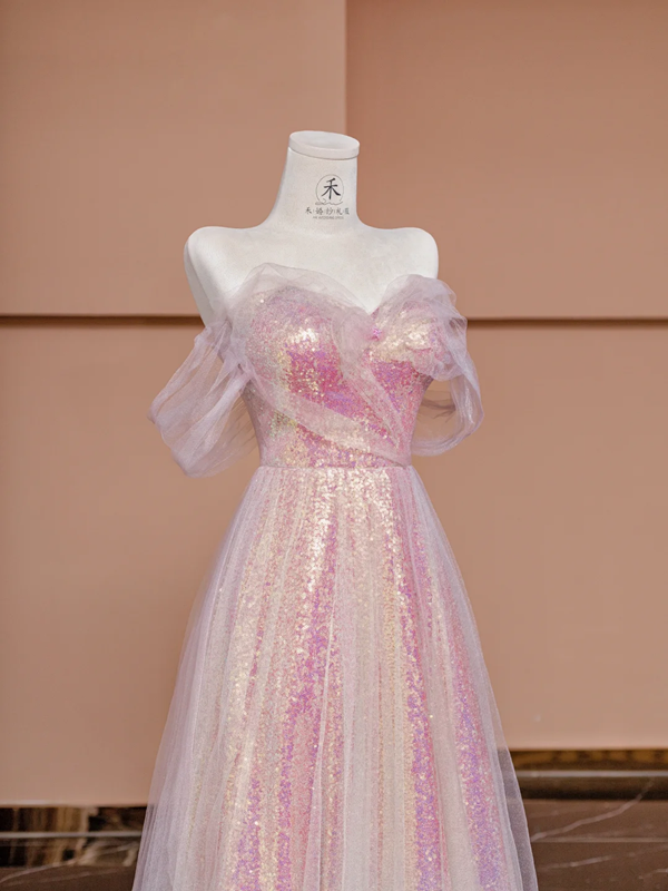 Light pink off-the-shoulder sequined fitted long ball gown, bridal dress R8425