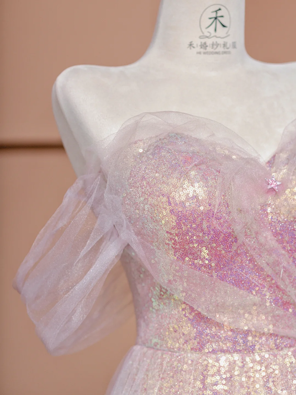 Light pink off-the-shoulder sequined fitted long ball gown, bridal dress R8425