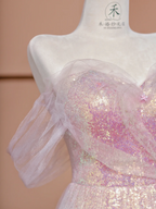 Light pink off-the-shoulder sequined fitted long ball gown, bridal dress R8425