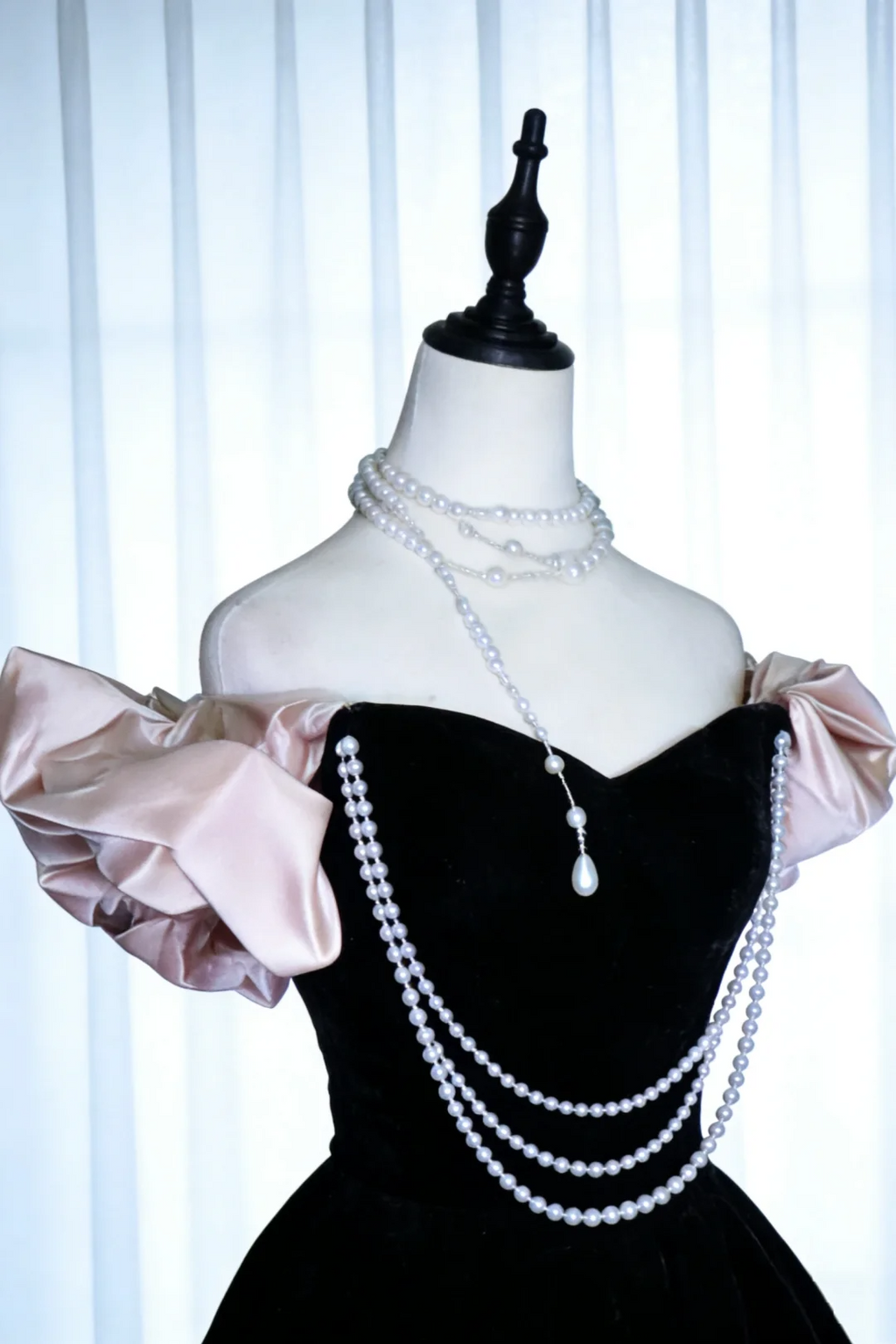 Cute Off The Shoulder Ball Gown Black Velvet Long Birthday Party Dress With Pearls SP2038