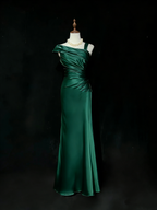 Vintage Champagne Satin Pleated Mermaid Long Birthday Prom Dress Evening Gown SP1962