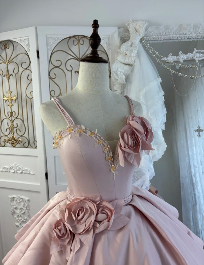Princess Spaghetti Straps Satin Beaded Ball Gown Pink Sweet 16 Quinceanera Dress With 3D Flowers SP1777