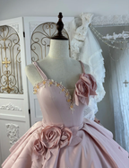 Princess Spaghetti Straps Satin Beaded Ball Gown Pink Sweet 16 Quinceanera Dress With 3D Flowers SP1777
