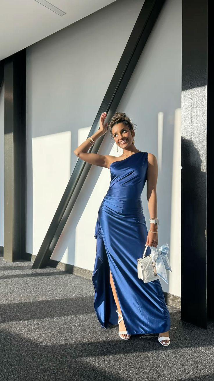 Chic One Shoulder Blue Satin Slit Long Party Dress Birthday Prom Gown Formal Wedding Guest Dress