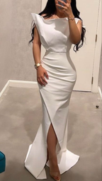 Women's Sleeveless Evening Gown Split Side Pleats Dubai Saudi Arabia Arabian Formal Party Prom Dress White cc567