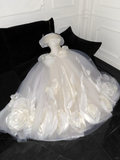 Cute Off White Organza 3D Flowers Ball Gown Long Wedding Dress