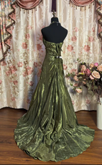 Retro Green Strapless Satin Pleated Mermaid Evening Dress Long Prom Gown