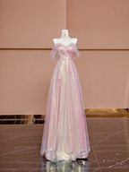 Light pink off-the-shoulder sequined fitted long ball gown, bridal dress R8425