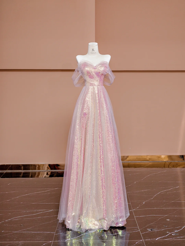 Light pink off-the-shoulder sequined fitted long ball gown, bridal dress R8425