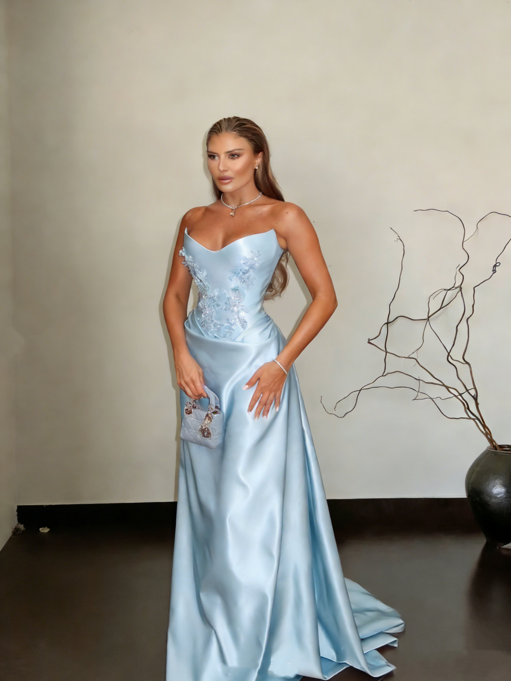 Gorgeous Strapless Blue Satin Appliques Mermaid Long Party Dress Prom Gowns SP1562