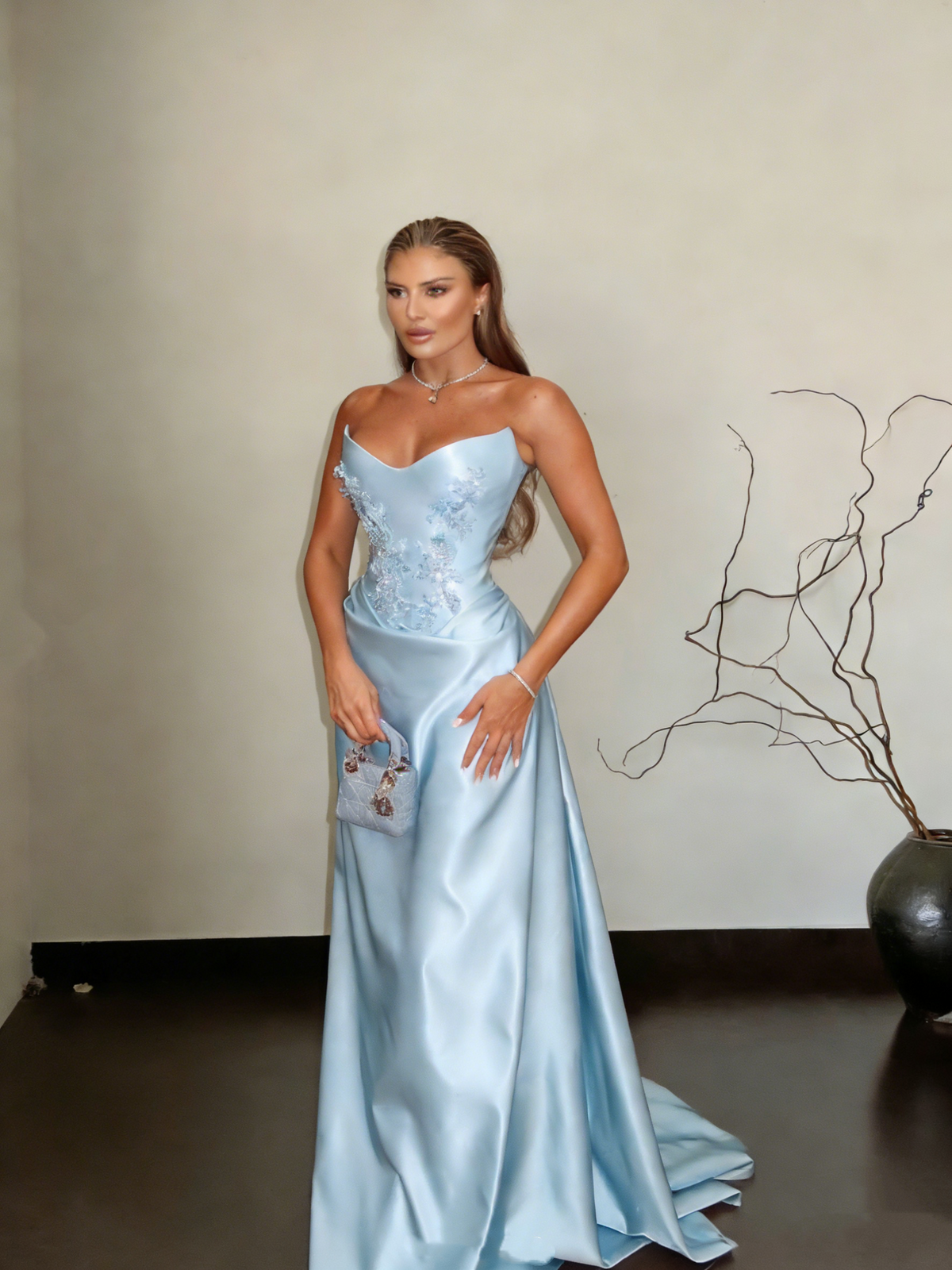 Gorgeous Strapless Blue Satin Appliques Mermaid Long Party Dress Prom Gowns SP1562