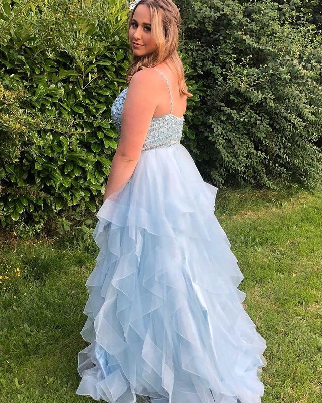 Stunning Ball Gown V Neck Blue Tulle Prom Dresses with Beading