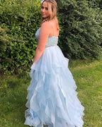Stunning Ball Gown V Neck Blue Tulle Prom Dresses with Beading