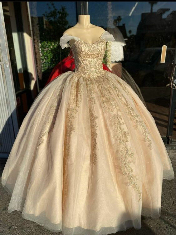 Off Shoulder Champagne Quinceañera Dress Party Ball Gown