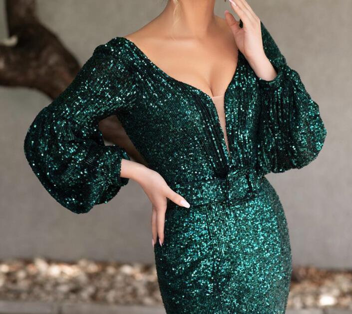 Sparkly Green Long Sleeve Evening Dresses charming V Neck Backless Mermaid Formal Evening Gowns
