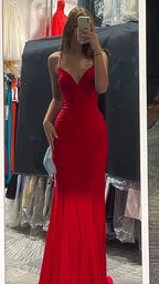 Elegant Red Mermaid Long Prom Dress V Neck Evening Dress Y422