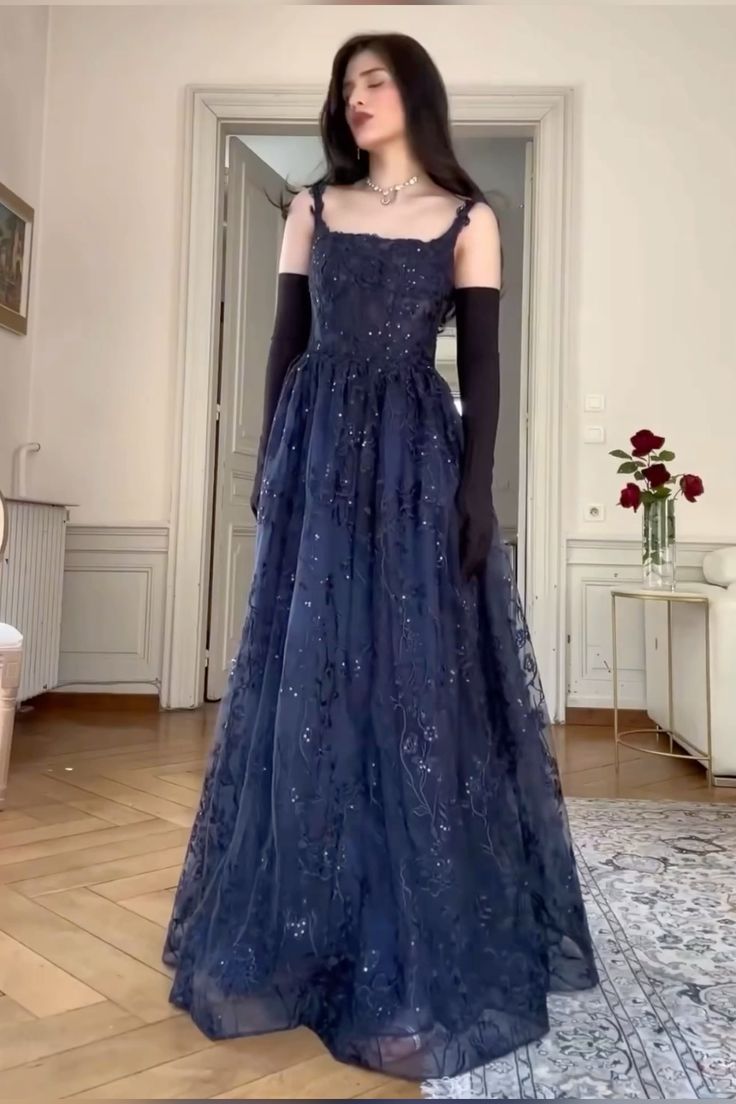 Blue A Line Lace Appliques Prom Dress Elegant Evening Gown