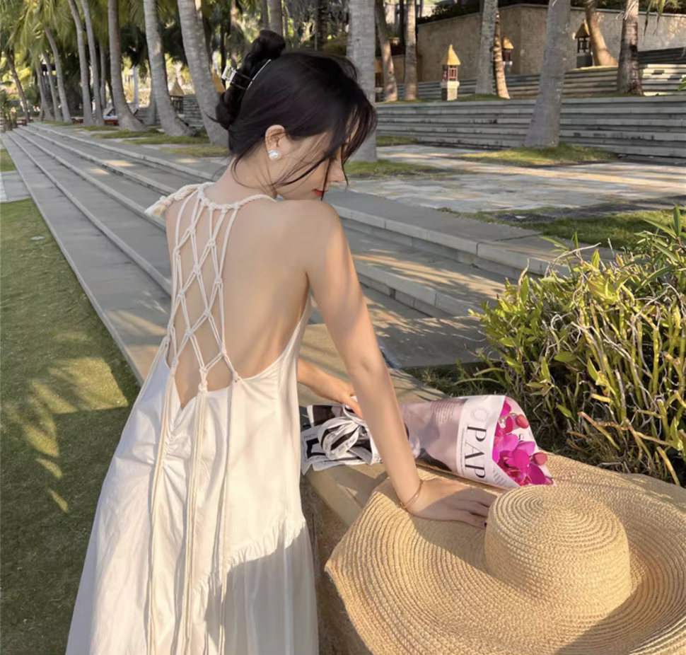 French backless white dress design niche slim sexy seaside holiday beach dress R1602