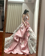 Pretty Pink Strapless Satin Pleated Appliques Ball Gown Sweet 16 Dress Formal Quinceanera Dress  SP1189